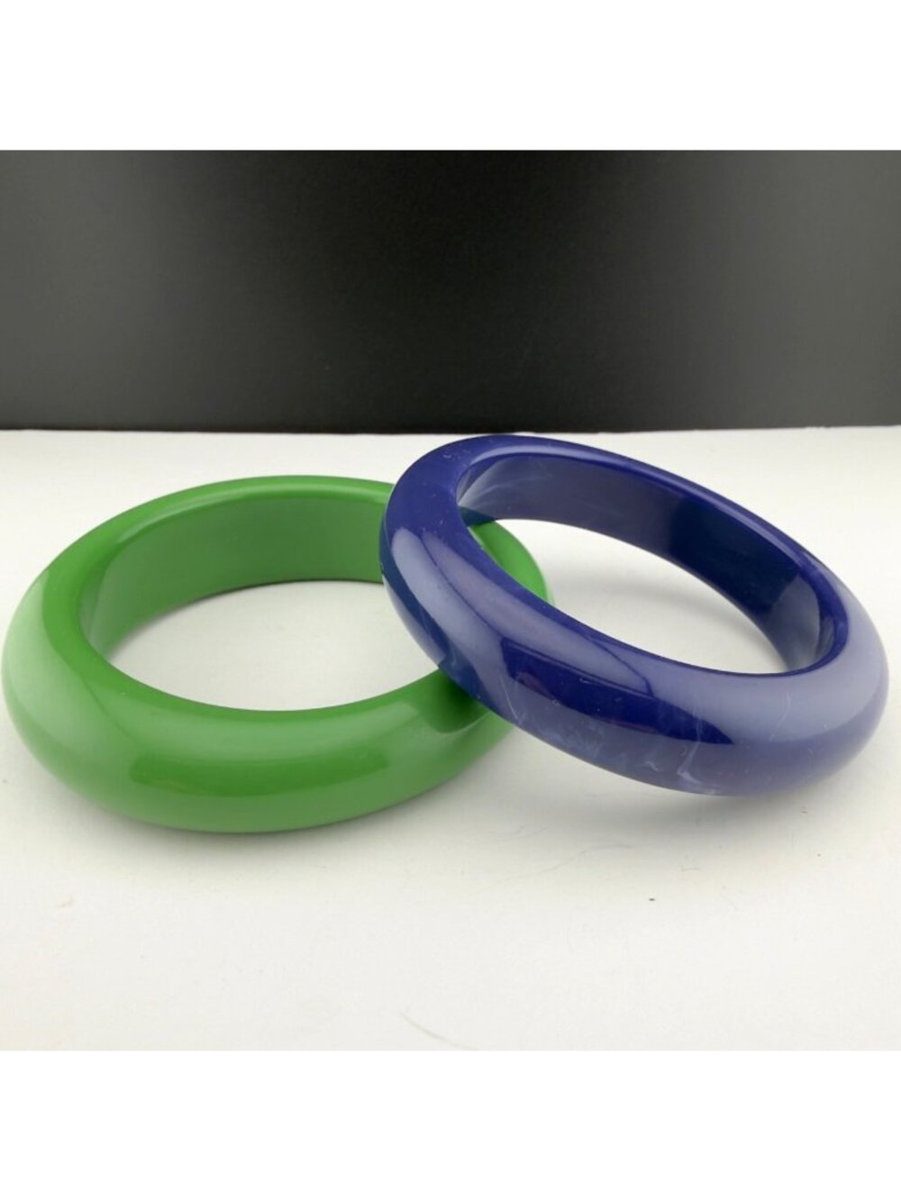 Vintage Lucite Green Blue Bangle Bracelet Set Chunky Acrylic Marbled Mid Century